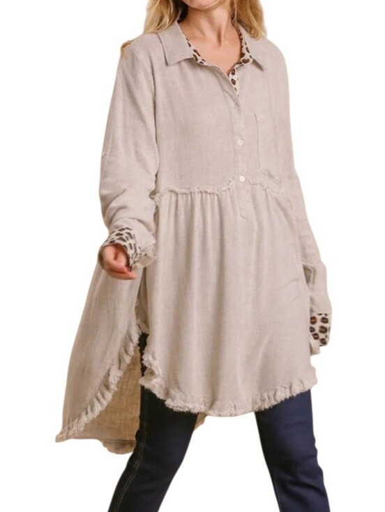 Umgee Tops - Umgee Linen Cotton Blend Leopard Cheetah Trim Frayed Oatmeal Tunic Top Sz L Boho
